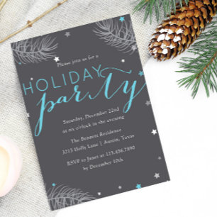 Kiefernblätter und Sterne Blau Graue Holiday-Party Einladung