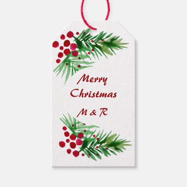 Kiefernkiefer, handgemalt, rote Berries Geschenkanhänger (Vorderseite)