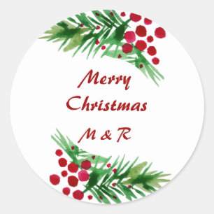 Kiefernkiefer, handgemalt, rote Berries Runder Aufkleber