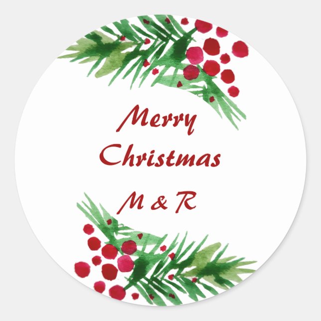 Kiefernkiefer, handgemalt, rote Berries Runder Aufkleber (Vorderseite)