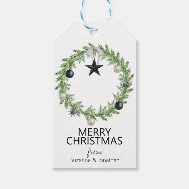 Kiefernkiefer Schwarz-weißes Weihnachtsfest Geschenkanhänger (Vorderseite)