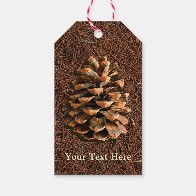 Kiefernkone auf gefallenen Nadeln Geschenkanhänger (Vorderseite)