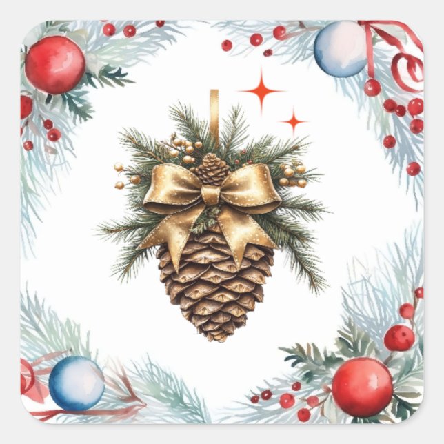 Kiefernkone, umgeben von Kränzen und Ornamenten Quadratischer Aufkleber (Vorderseite)
