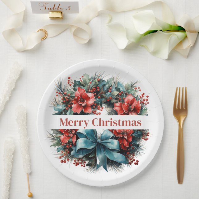 Kiefernkranz mit roten Blume und Holly Pappteller (Hochzeit)