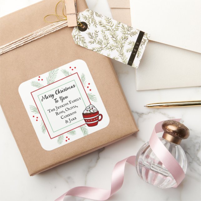 Kiefernnadeln und heißer Kakao Frohe Weihnachten f Quadratischer Aufkleber (Schenken)