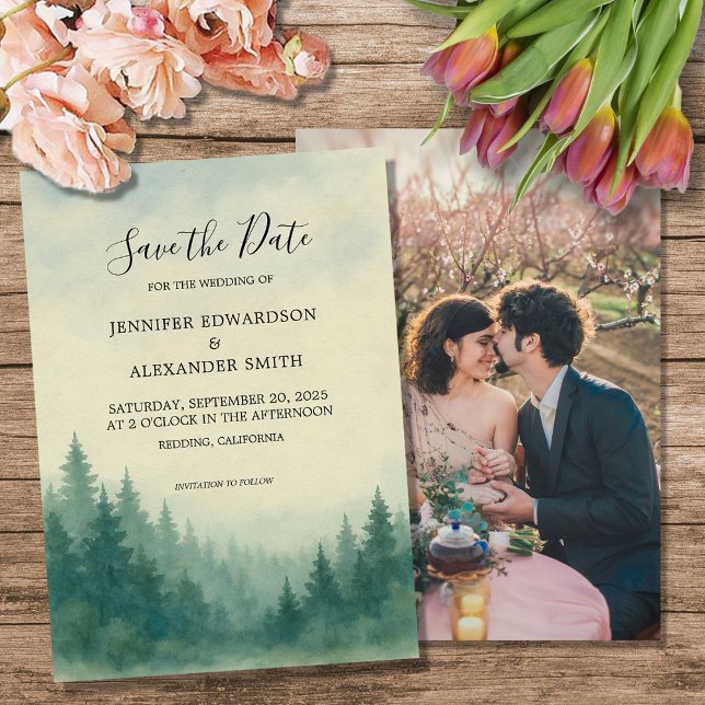 Kiefernwald Save the Date Foto Einladung (Watercolor pine tree forest Save the Date photo Invitation. For your rustic wedding.)