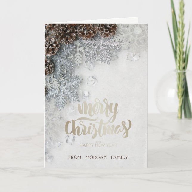 Kiefernzapfen, Schneeflocken Feiertagskarte (Vorderseite)