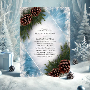 Kiefernzapfen und Frost Winterhochzeit Einladung