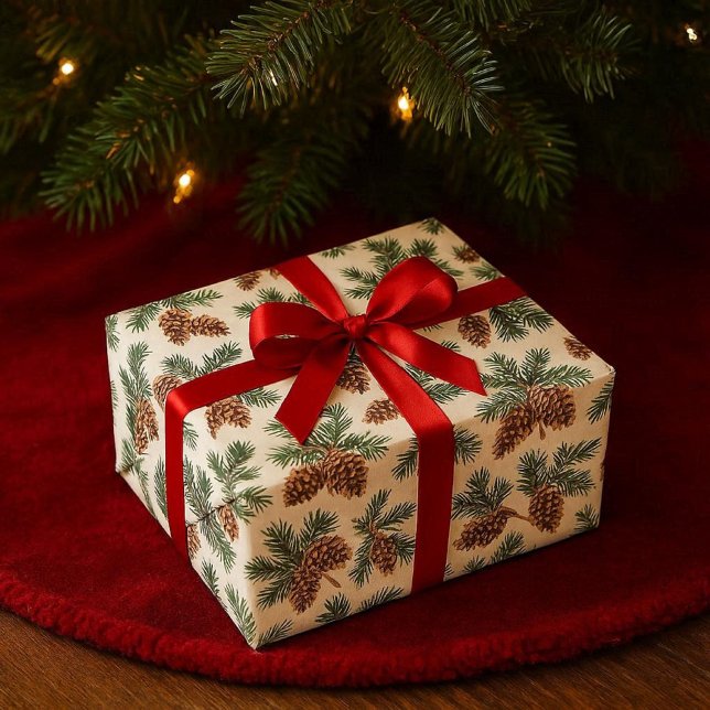 Kiefernzapfen- und Immergrünwald Geschenkpapier (A nature inspired wrapping paper. Evergreen and pinecone pattern on white. For Christmas and Winter )