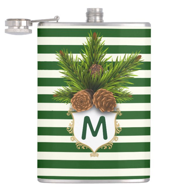 Kiefernzapfen und Mit Monogramm Streifen Flachmann (Geöffnet)