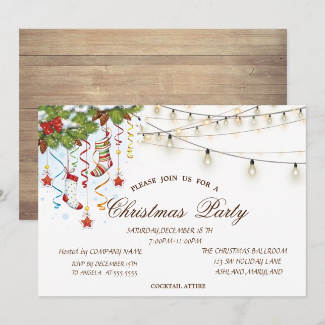 Kiefernzweige Holz, String Lights Weihnachten Einladung (Vorne/Hinten)