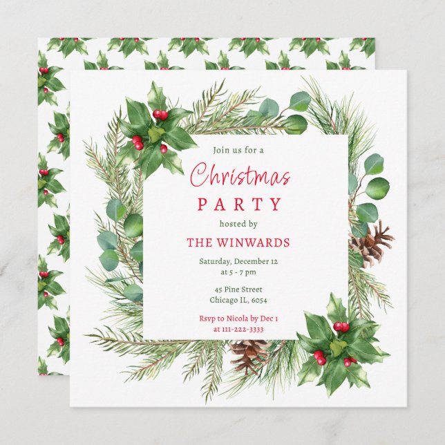 Kiefernzweige und Berries Weihnachtsfest-Party Einladung (Vorne/Hinten)