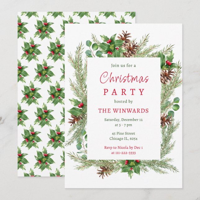 Kiefernzweige und Berries Weihnachtsfest-Party Einladung (Vorne/Hinten)