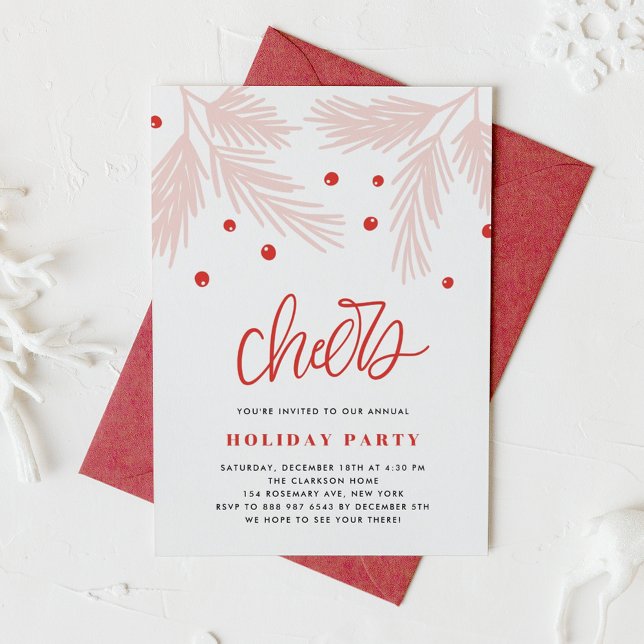 Kiefernzweige und Holly Berries Pink Holiday Party Einladung (Von Creator hochgeladen)
