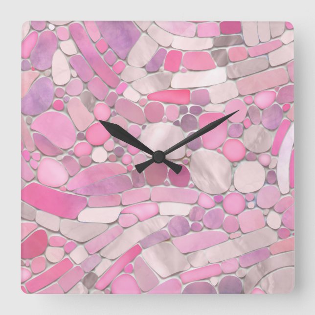 Kies Mosaik Kunst - Rosen Rosa Quadratische Wanduhr (Vorderseite)
