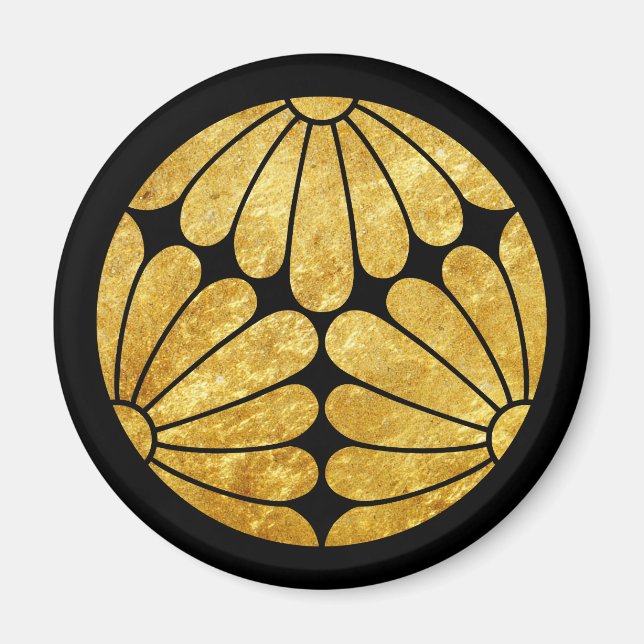 Kiku Chrysanthemum Mon Imitats Gold auf schwarz Magnet (Vorne)