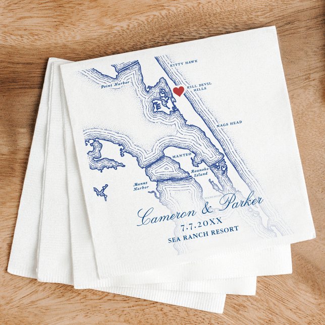 Kill Devil Hills Karte OBX Navy Blau Hochzeit Serviette (Kill Devil Hills NC Map Navy Blue Outer Banks Wedding Napkins from Coastal Map Designs)