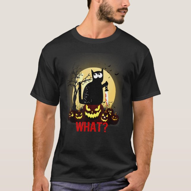 Killer Halloween Beängstigender Mond Schwarze Katz T-Shirt (Vorderseite)