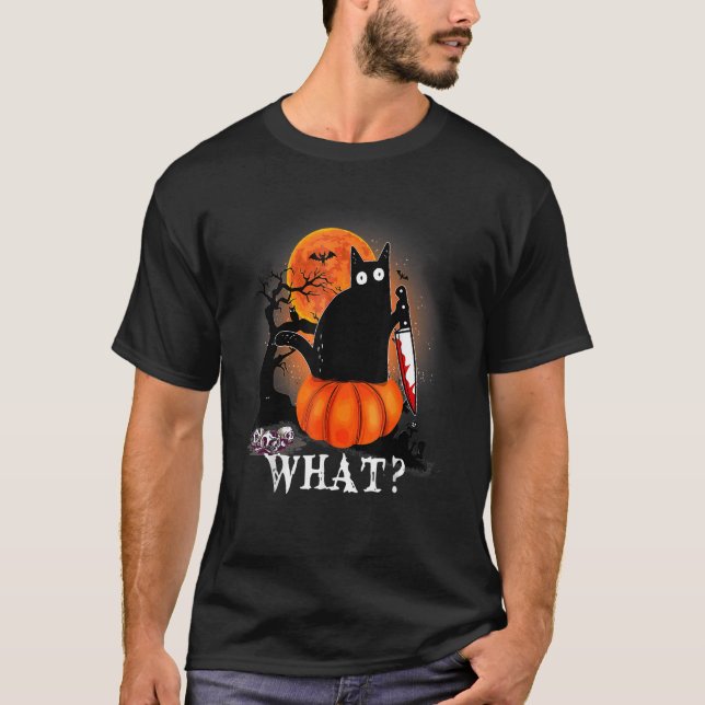 Killer Halloween Beängstigender Mond Schwarze Katz T-Shirt (Vorderseite)