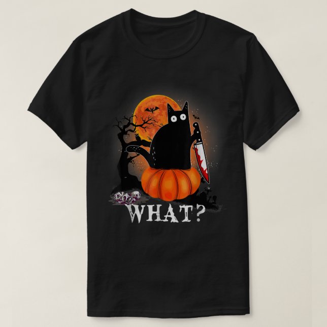 Killer Halloween Beängstigender Mond Schwarze Katz T-Shirt (Design vorne)