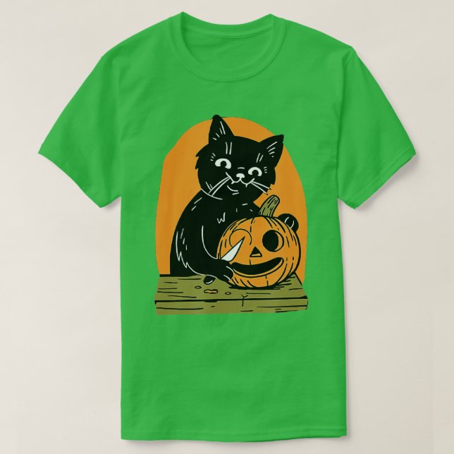 Killer Halloween Scary Black Cat With Knife Pumpki T-Shirt (Design vorne)