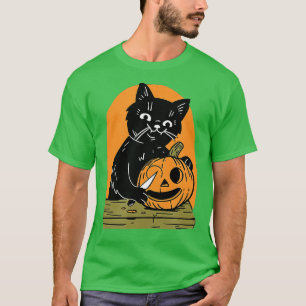 Killer Halloween Scary Black Cat With Knife Pumpki T-Shirt