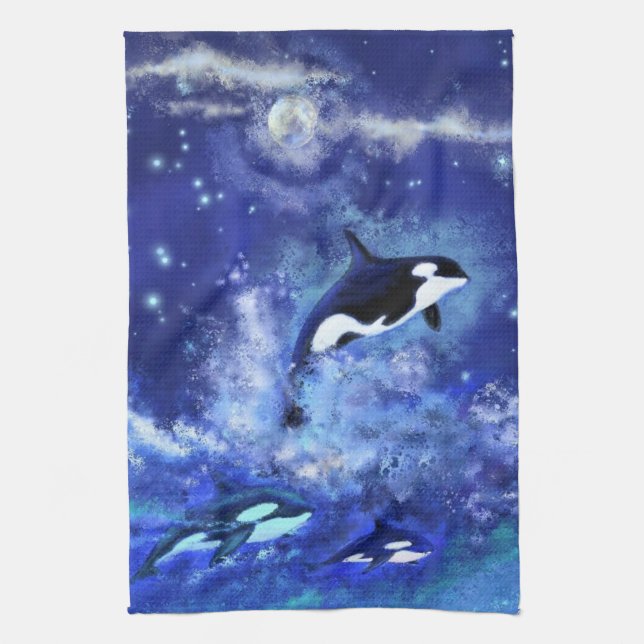Killer Wale auf Vollmond Blue Kitchen Handtuch (Vertikal)