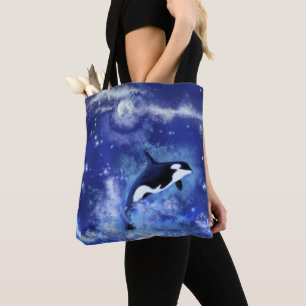 Killer Whale auf Vollmond Blue Tote Bag