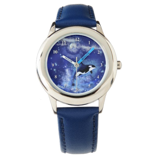 Killer Whale Blauer Vollmond Nacht Armbanduhr (Vorderseite)
