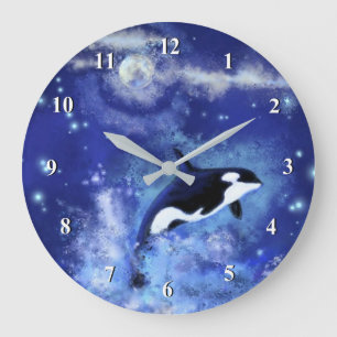 Killer Whale on Full Moon - Art Drawing Blue Große Wanduhr