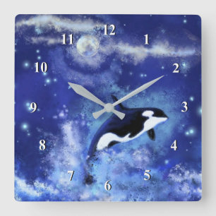 Killer Whale on Full Moon - Art Drawing - Blue Quadratische Wanduhr