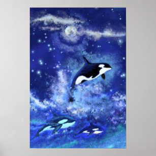 Killer Whales auf Blue Full Moon Poster Malerei