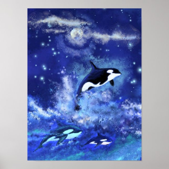 Killer Whales auf Blue Full Moon Poster Malerei (Vorne)