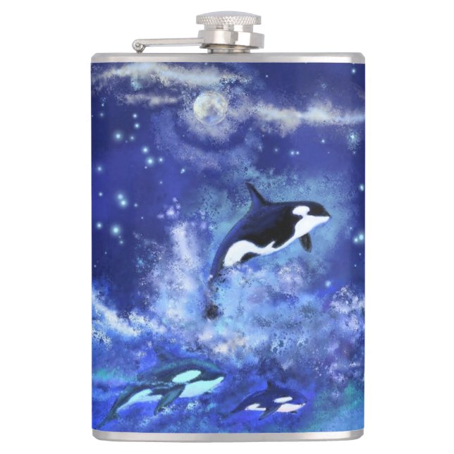 Killer Whales Flask Blue Vollmond Nacht Flachmann (Vorderseite)