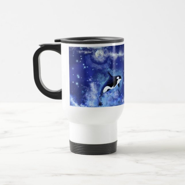Killer Whales on Blue Full Moon Travel Mug Reisebecher (Links)