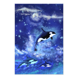 Killerwale auf Vollmond - Kunst Zeichnend Fotodruck