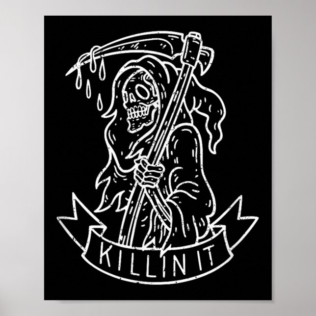 Killin It, Funny Grim Sensenmann störte Tattoo Art Poster (Vorne)