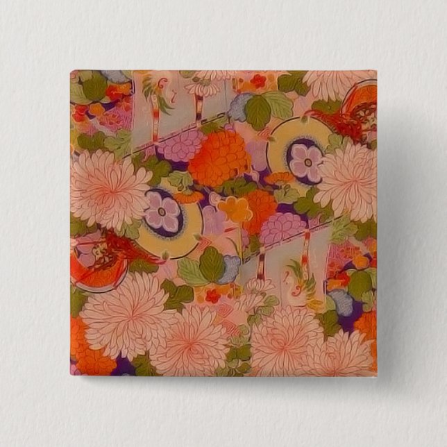 Kimono Blume Rosa Blumenmuster Button (Vorderseite)