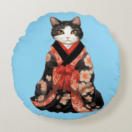 Kimono Cat (BLUE) Rundes Kissen