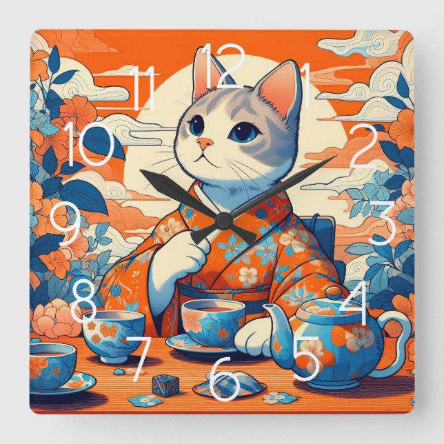 Kimono Cat Drinking Tee Japanisch Orange Blue Quadratische Wanduhr (Vorderseite)
