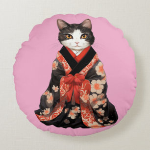 Kimono Cat (PINK) Rundes Kissen