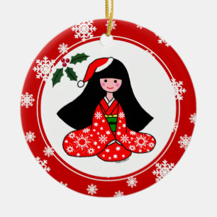 Kimono Girl Weihnachten Cartoon Schneeflocken Keramikornament