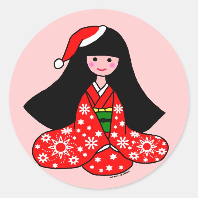 Kimono Girl Weihnachts-Cartoon Illustration Runder Aufkleber (Vorderseite)