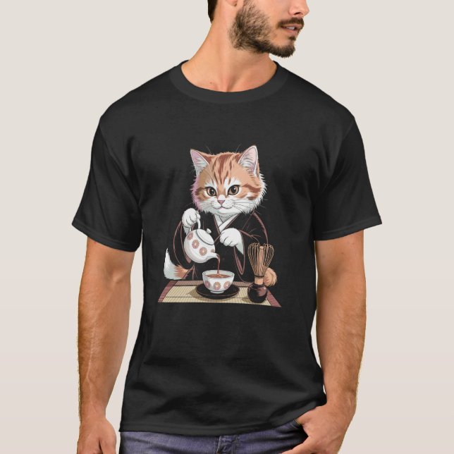 Kimono-Katze trinkt Tee Holzschnittkunst (Vorderseite)