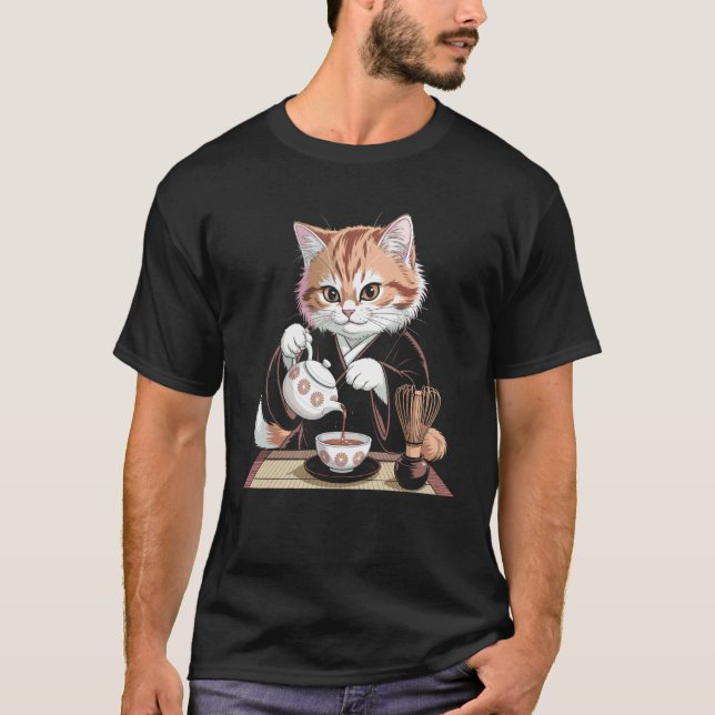 Kimono-Katze trinkt Tee Holzschnittkunst (Vorderseite)
