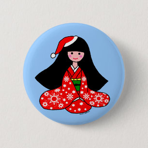 Kimono-Mädchen-WeihnachtsCartoon-Illustration Button