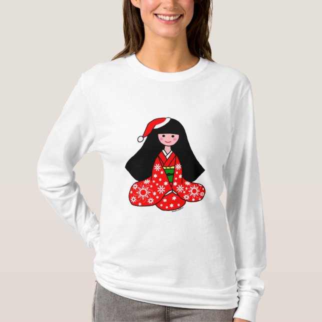 Kimono-Mädchen-WeihnachtsCartoon-Illustration T-Shirt (Vorderseite)