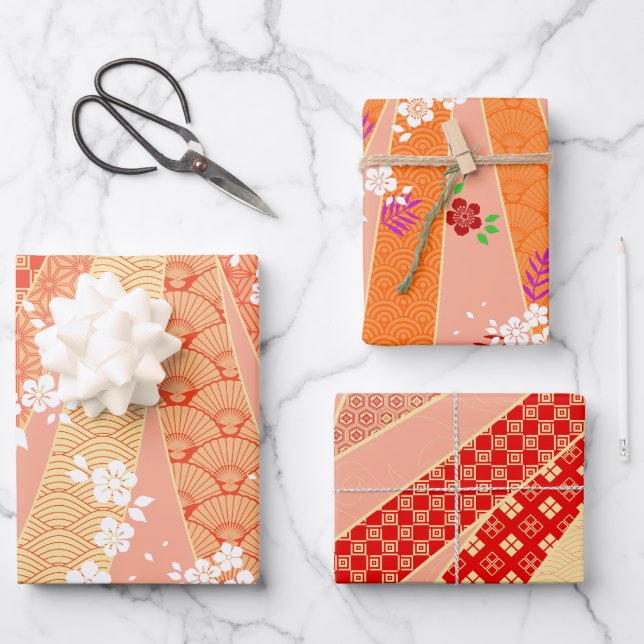Kimono-Muster mit Band-Mix Geschenkpapier Set (Vorderseite)