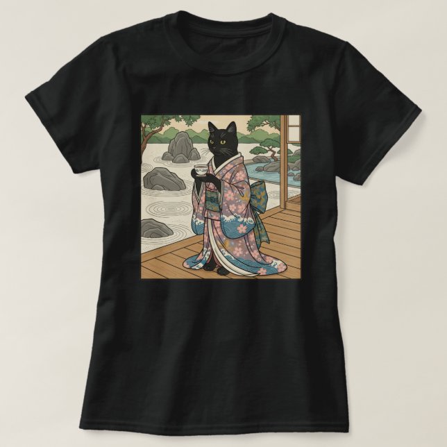 Kimono Schwarze Katze  T-Shirt (Design vorne)