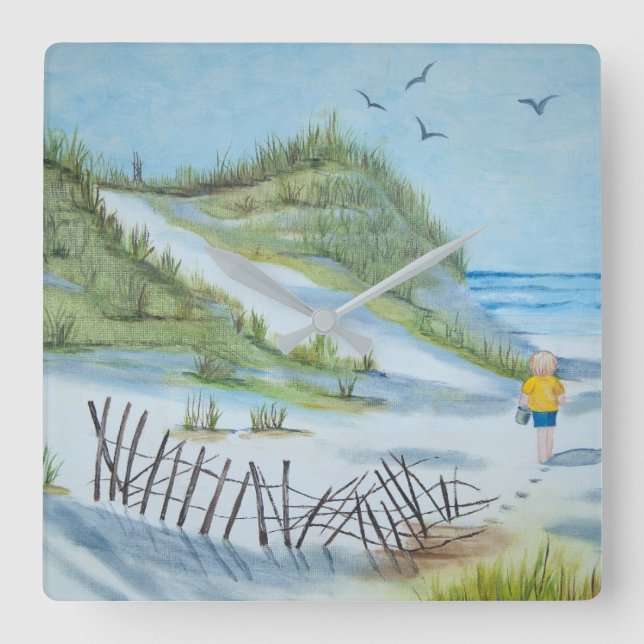 Kind auf Sandstrand Quadratische Wanduhr (Vorderseite)